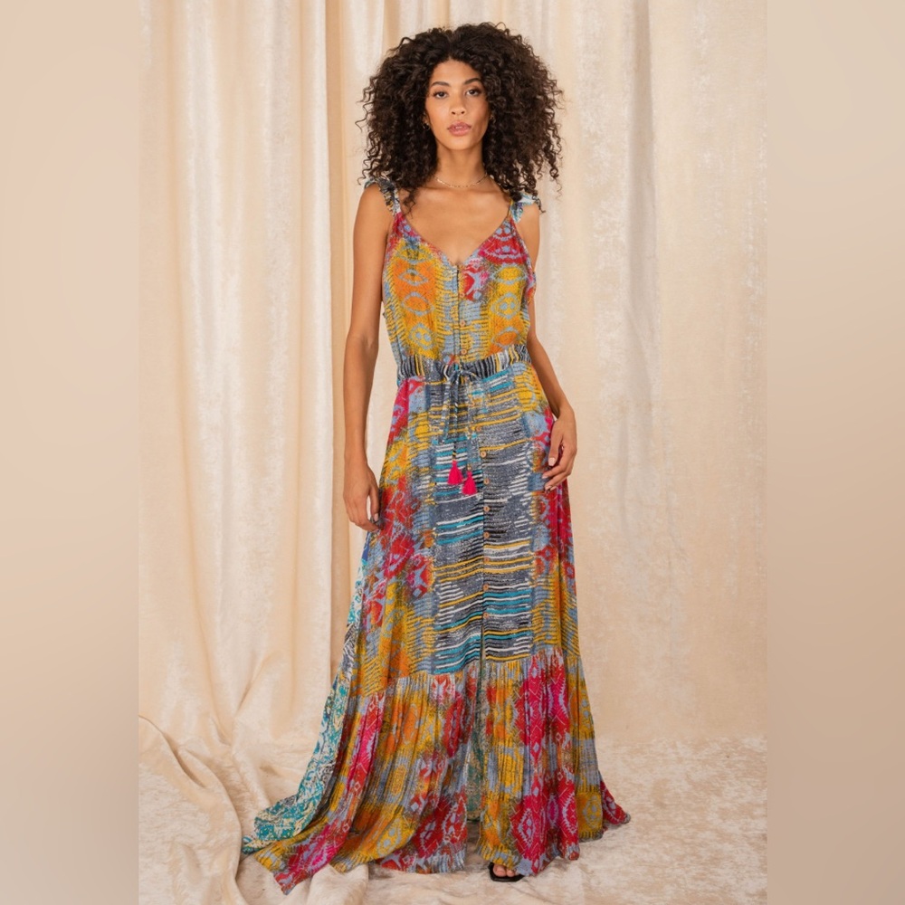 Anthropologie RAGA Boho/Indian Inspired Tito Ruffle Strap Maxi Dress Sz L NWT